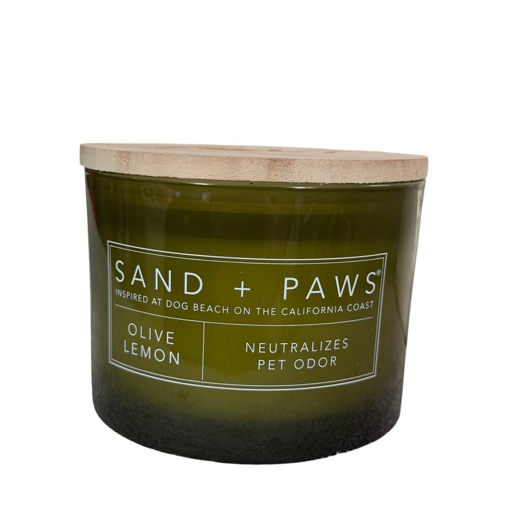 SAND + PAWS Olive & Lemon 2 Wick 12 Oz Candle With Lid Neutralizes Pet Odor New